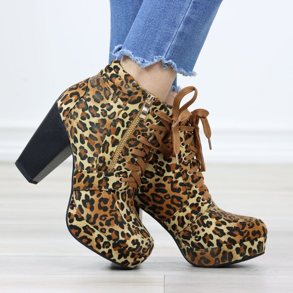 Leopard Print Ankle Boots Lace-Up Chunky Heel Faux Suede Animal Print - Picture 2 of 12
